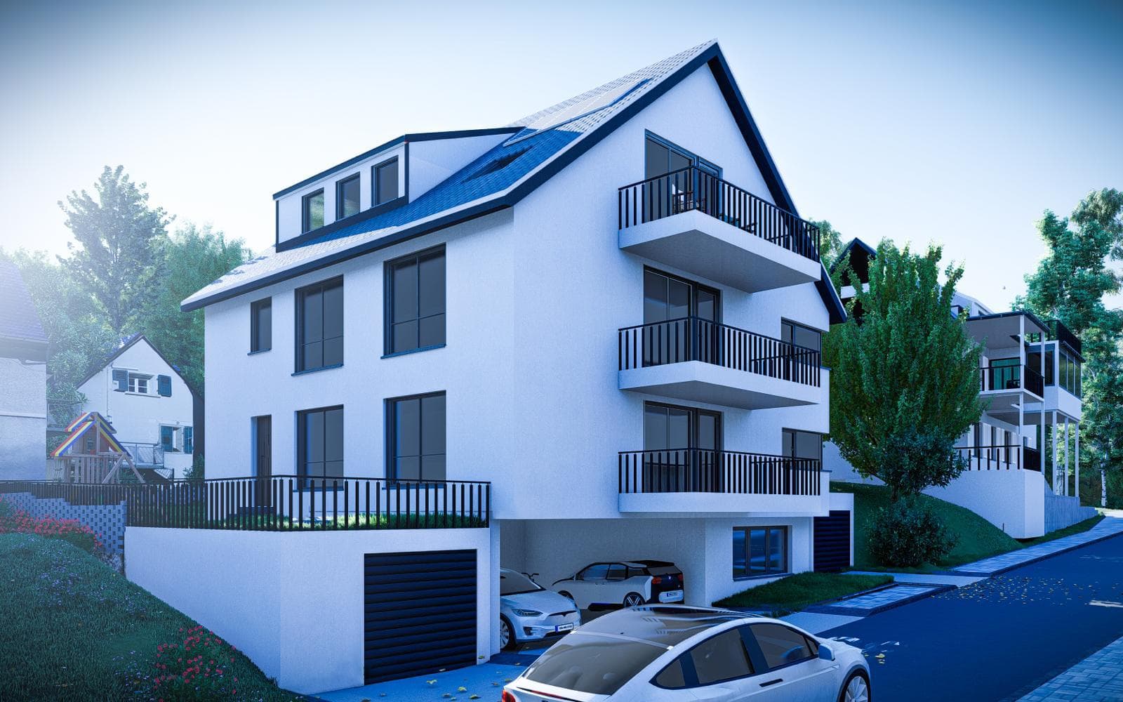 Modernes Wohngebäude mit klarer Dachlinie und Balkonen – Architekturvisualisierung