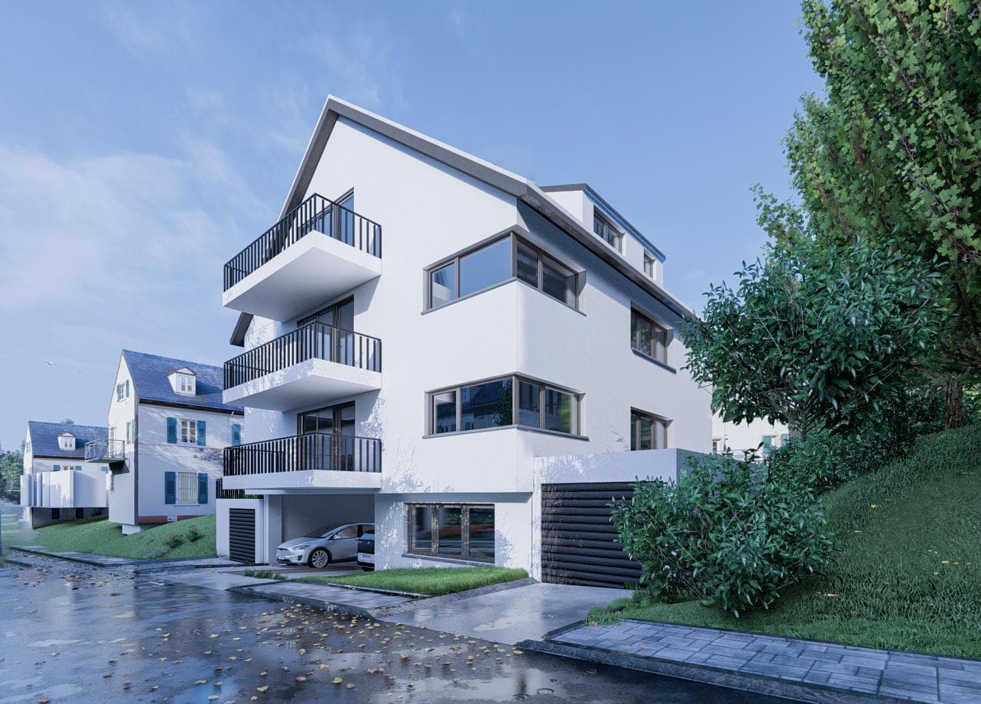 Architekturvisualisierung eines hellen Mehrfamilienhauses mit großzügigen Balkonen